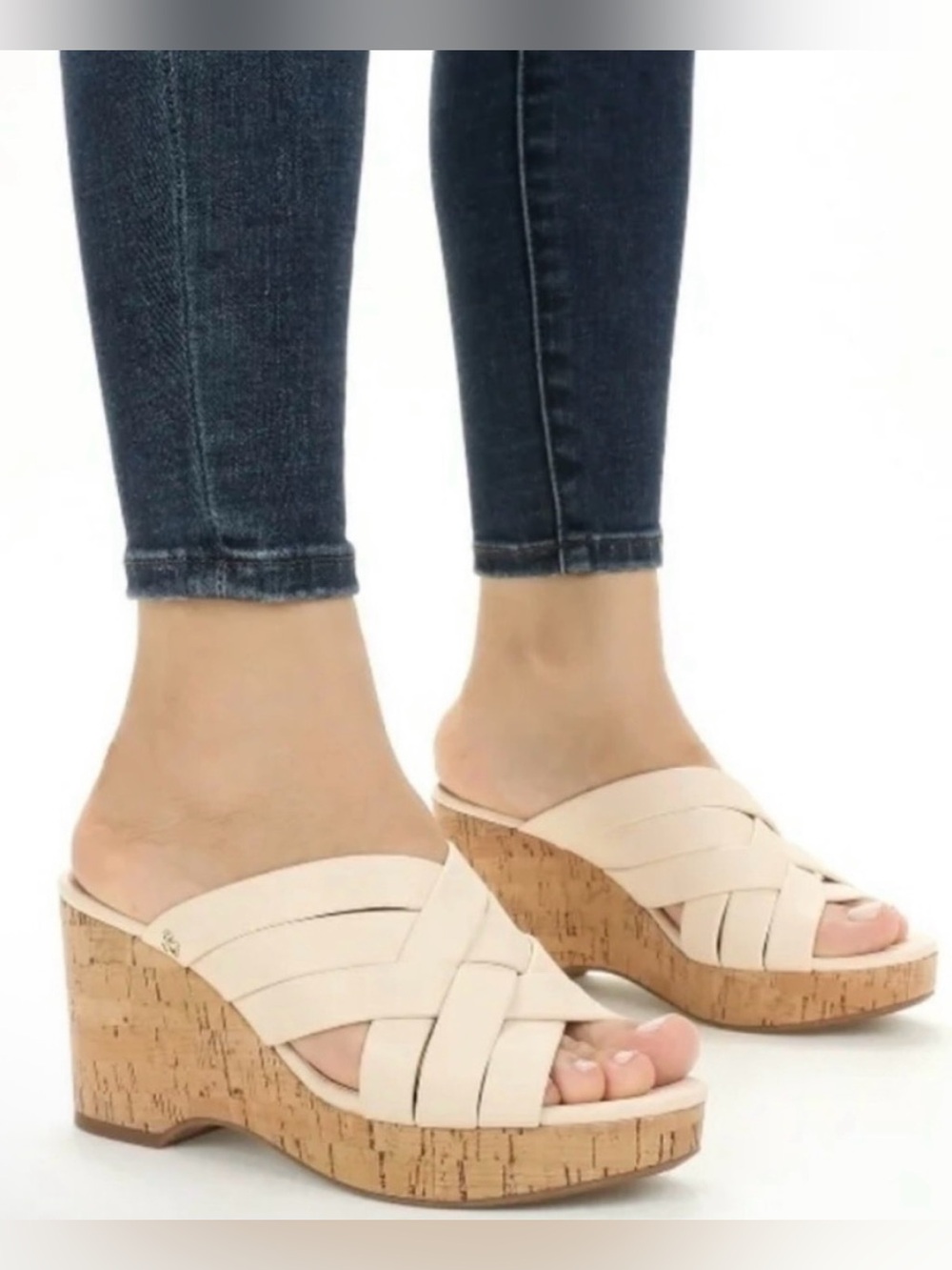 Sam & Libby Cream Woven and Cork Wedge Slide Sandals. New without box